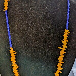 New blue glass and yellow coral choker style necklace an extra long design